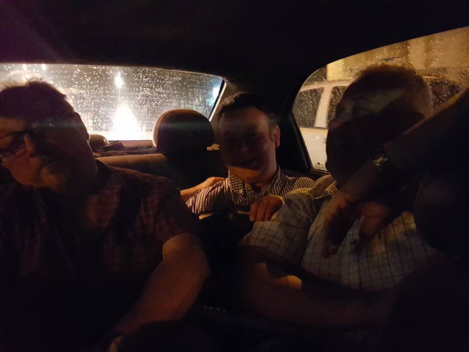 For the long drive to Los Lagos Monday, four Irishmen tried to set the record for the the most (non-small) people in the back of Wilma's car - with wee Davy King body surfing across all of them....